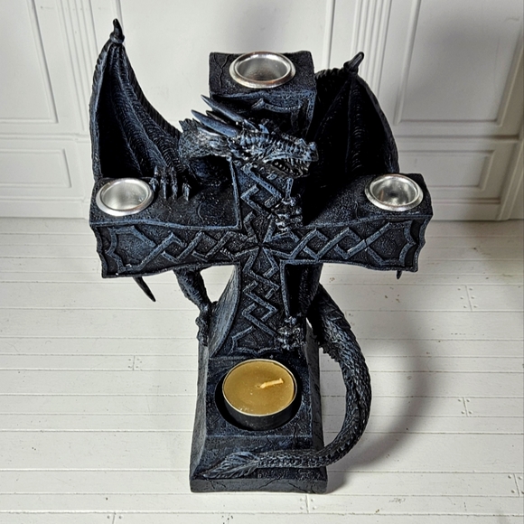 Dragon And Viking Or Celtic Cross Candle Holder Taper And Tealight - Picture 1 of 9